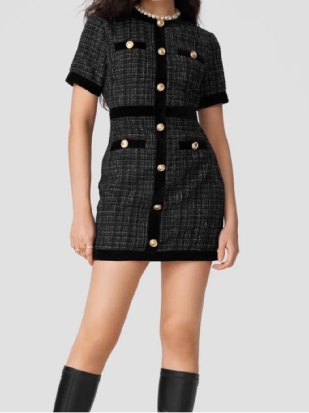 Cider Black Tweed Short-Sleeve Button-Front Mini Dress / XXS - Picture 4 of 16